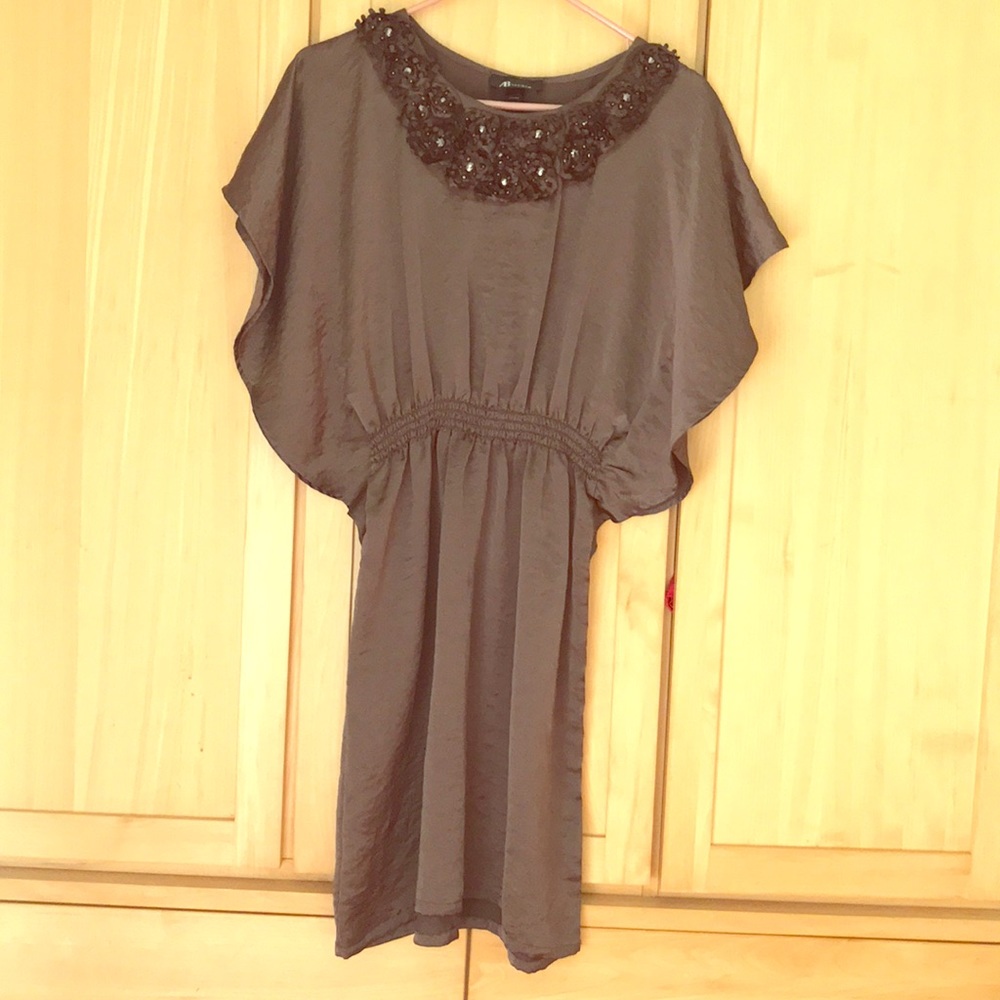 Bronze dress with floral/studs neckline, size 4